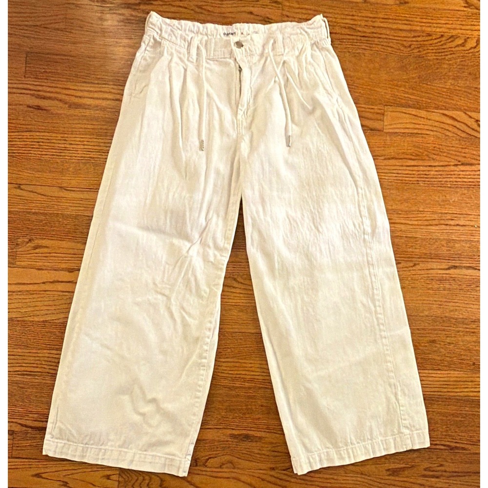 Old Navy Women's White 100% Cotton Pleated Wide-Leg Pants Drawstring Waist 6